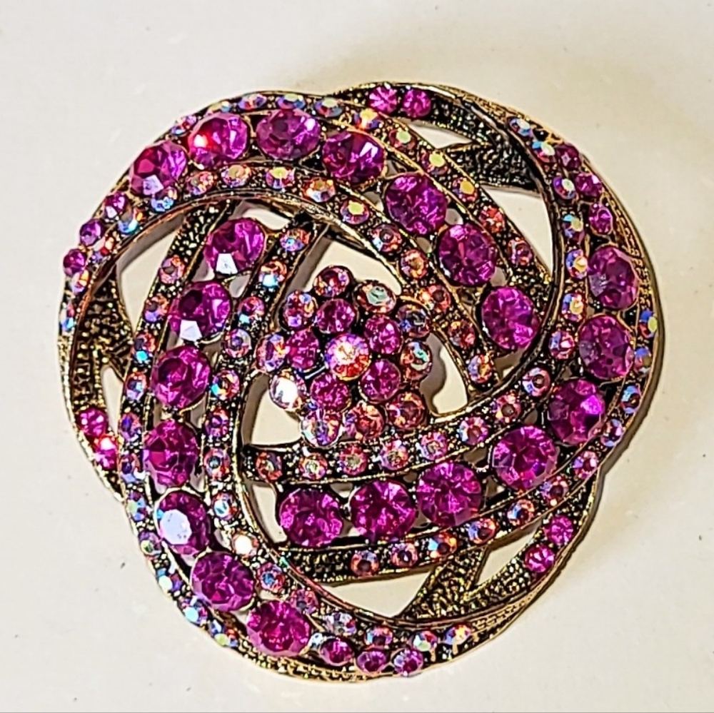 FUSCHIA AURORA BOREALIS RHINESTONE KNOT RIBBON BROOCH - Picture 5 of 5
